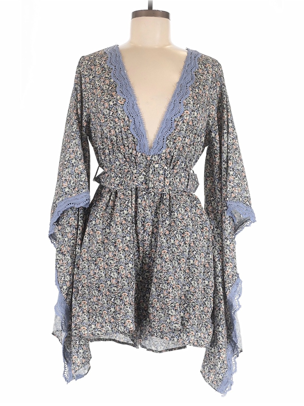 Deep V-Neck Floral Romper with Long & Large Flowy Sleeves